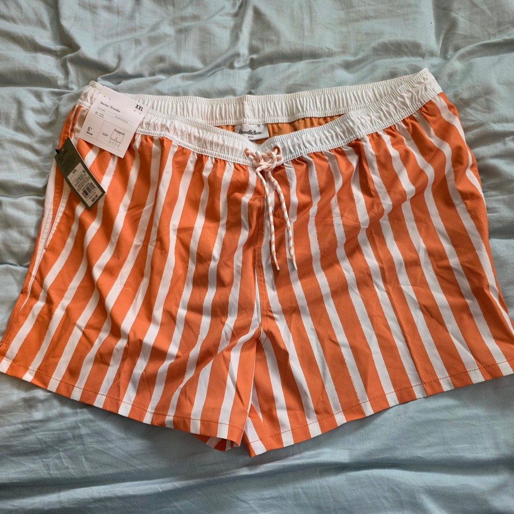 Goodfellow & Co Mens XXL Swim Trunks Orange White Striped 5" Inseam NWT